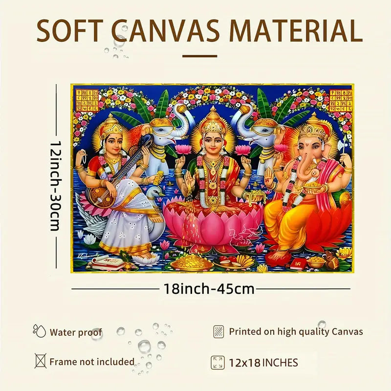 Hindu Deity Canvas Wall Art Poster - 1pc Frameless, Lakshmi with Lotus and Wealth, Saraswati on Swan, Ganesha Blessing