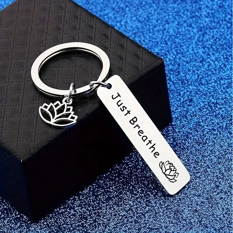 Just Breathe Yoga Lotus Charm Keychain - Stainless Steel