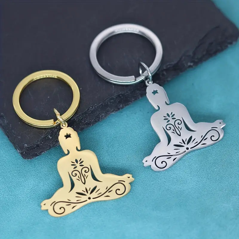 Stainless Steel Keychain with Buddhist Meditation Pendant
