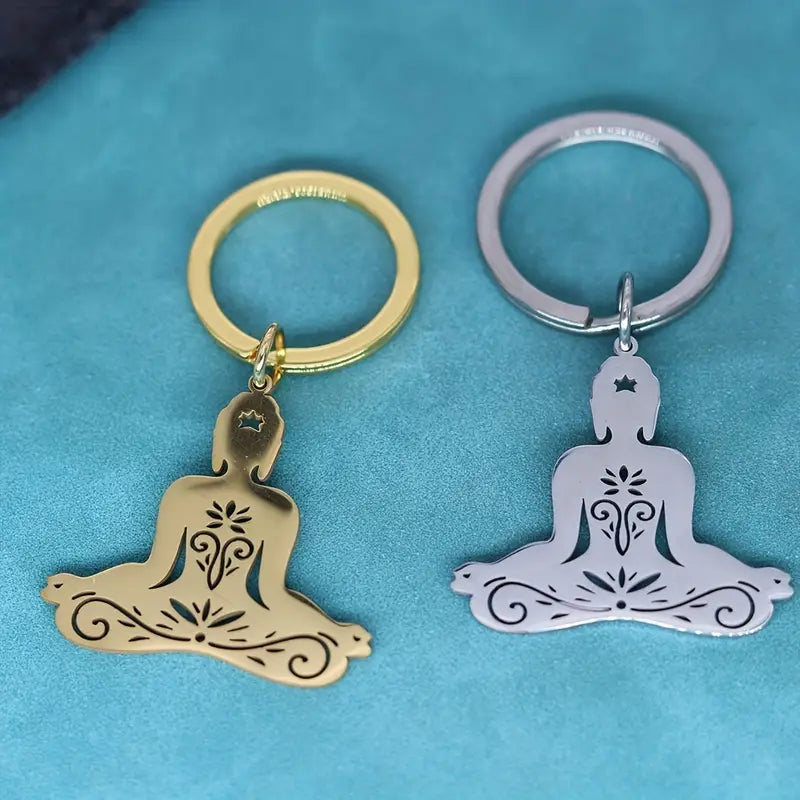 Stainless Steel Keychain with Buddhist Meditation Pendant