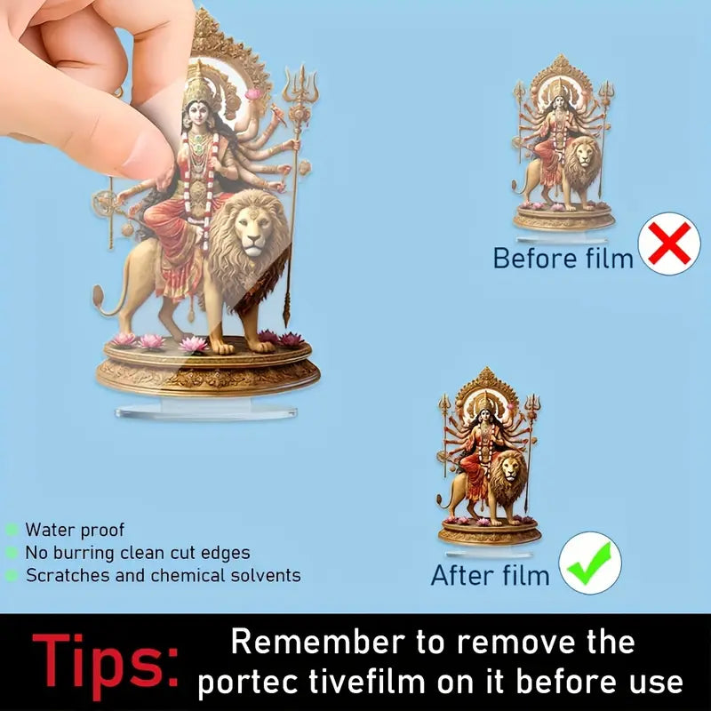 1pc Art Deco Acrylic Goddess Durga Statue with Lion Base