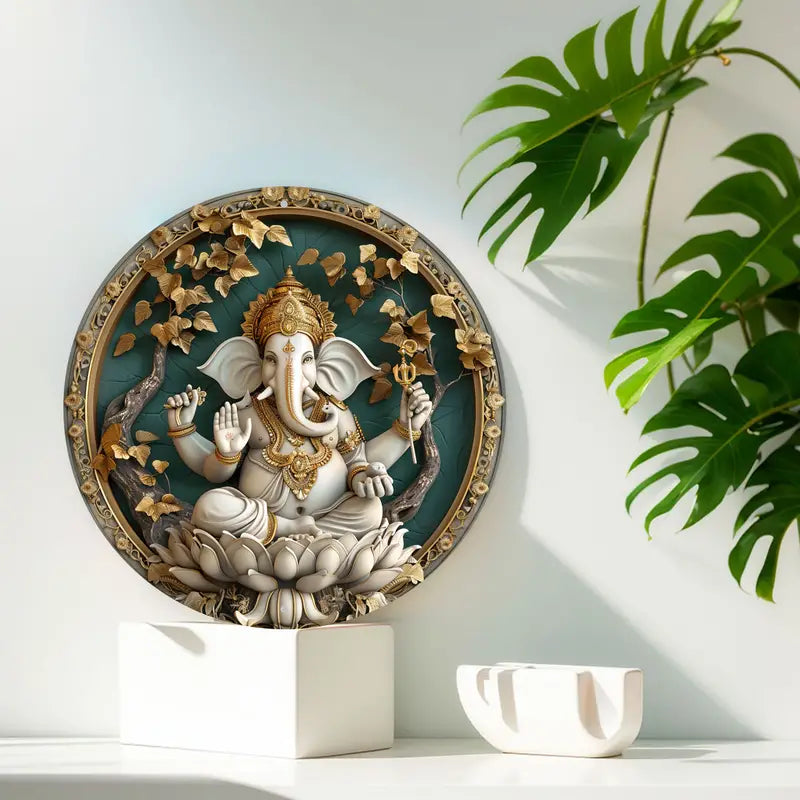1pc 8x8inch Ganesha Aluminum Classic Style Decorative Round Plaque Wall Hanging Sign