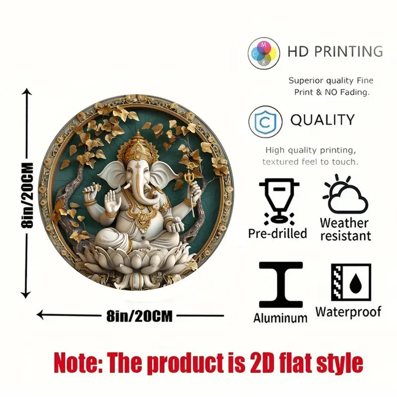 1pc 8x8inch Ganesha Aluminum Classic Style Decorative Round Plaque Wall Hanging Sign