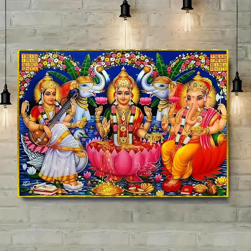 Hindu Deity Canvas Wall Art Poster - 1pc Frameless, Lakshmi with Lotus and Wealth, Saraswati on Swan, Ganesha Blessing