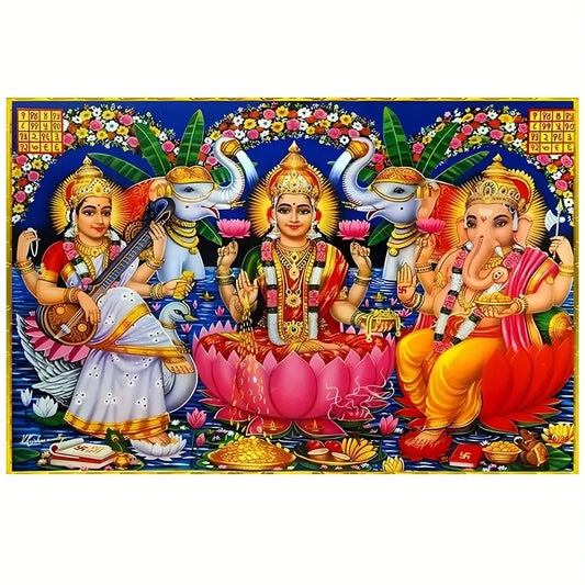 Hindu Deity Canvas Wall Art Poster - 1pc Frameless, Lakshmi with Lotus and Wealth, Saraswati on Swan, Ganesha Blessing