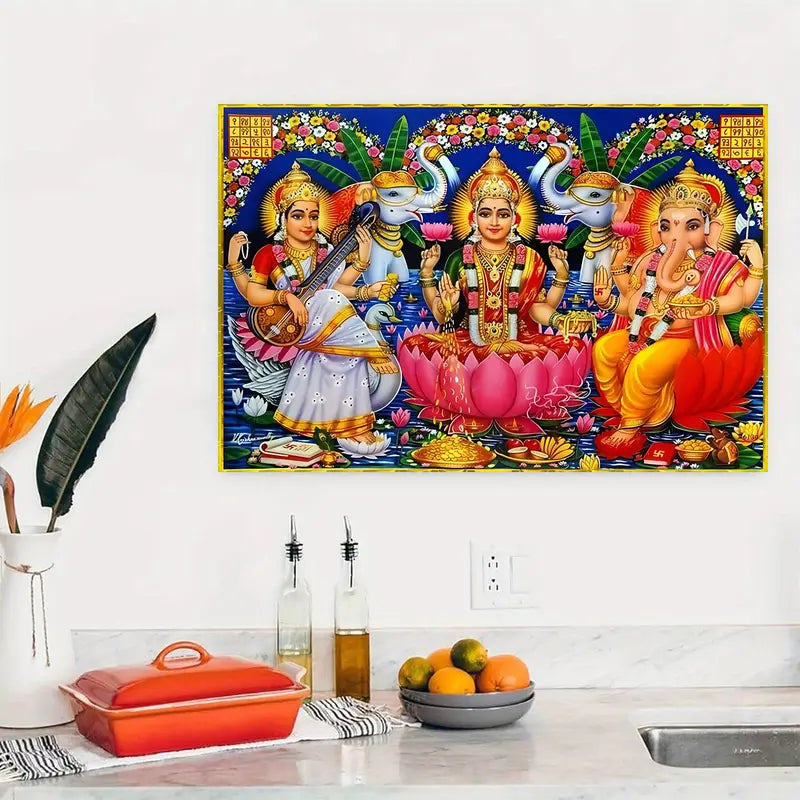 Hindu Deity Canvas Wall Art Poster - 1pc Frameless, Lakshmi with Lotus and Wealth, Saraswati on Swan, Ganesha Blessing