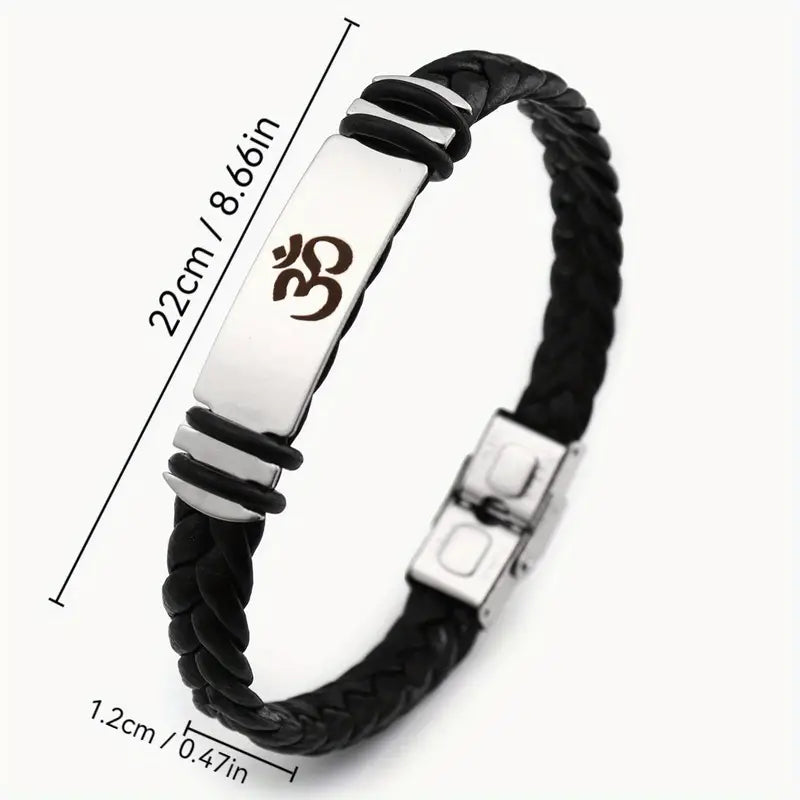 Fashion Stainless Steel Braided Leather Bracelet with Om Symbol