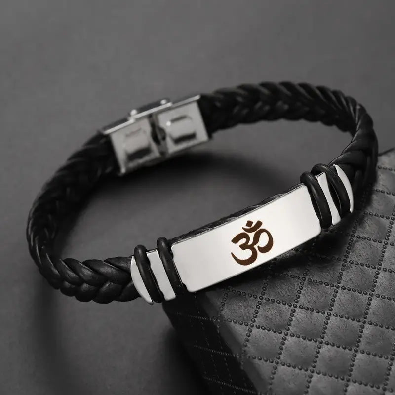 Fashion Stainless Steel Braided Leather Bracelet with Om Symbol
