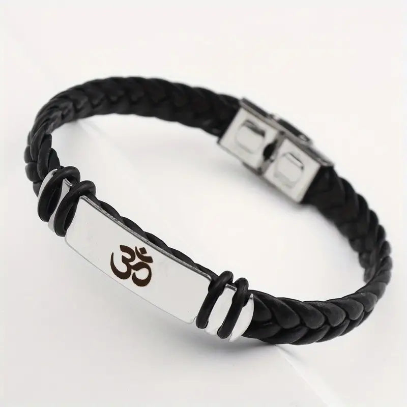 Fashion Stainless Steel Braided Leather Bracelet with Om Symbol