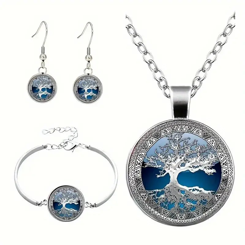 Celtic Tree of Life Glass Round Necklace Set