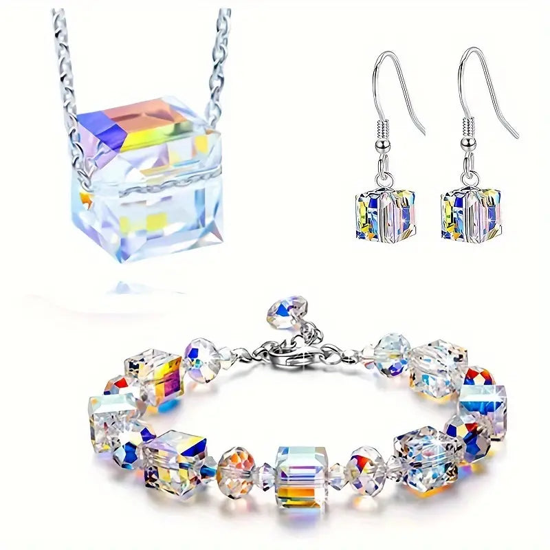Iridescent Gradient Glass Cube Design Jewelry Set