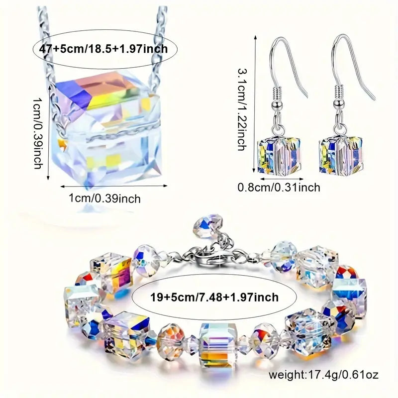 Iridescent Gradient Glass Cube Design Jewelry Set